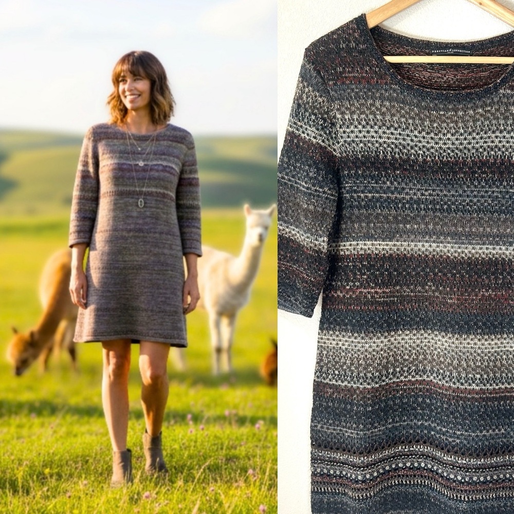 Peruvian Connection Open Knit Sweater Dress Alpaca Pima Cotton Wool Cozy Size M